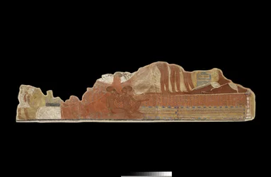 Fragment eines Wandgemäldes aus einem Privathaus mit Darstellung zweier jüngerer Töchter des Pharaos Echnaton und der Königin Nofretete, die zu Füßen ihrer Eltern sitzen, gefunden in Tell el-Amarna, Neues Reich